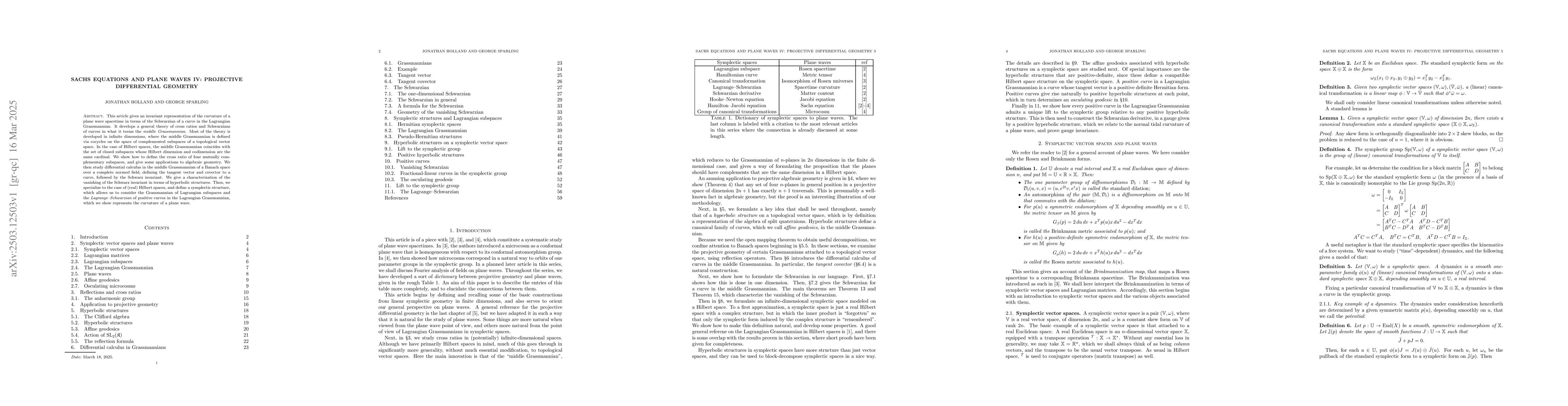 Thumbnail for Sachs equations and plane waves IV: projective differential geometry