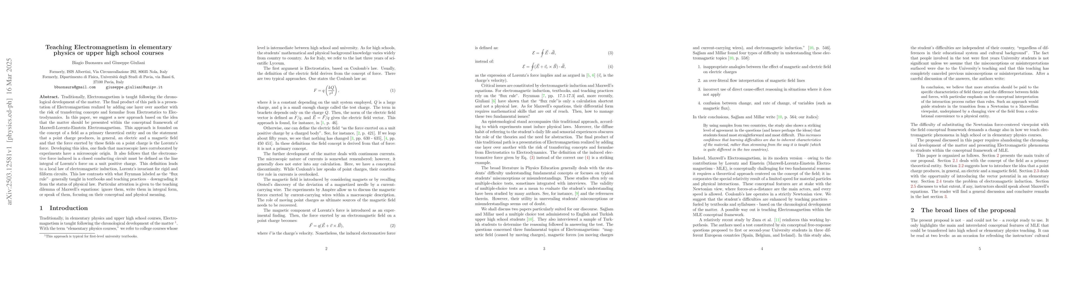 Thumbnail for Teaching Electromagnetism in elementary physics or upper high school
  courses