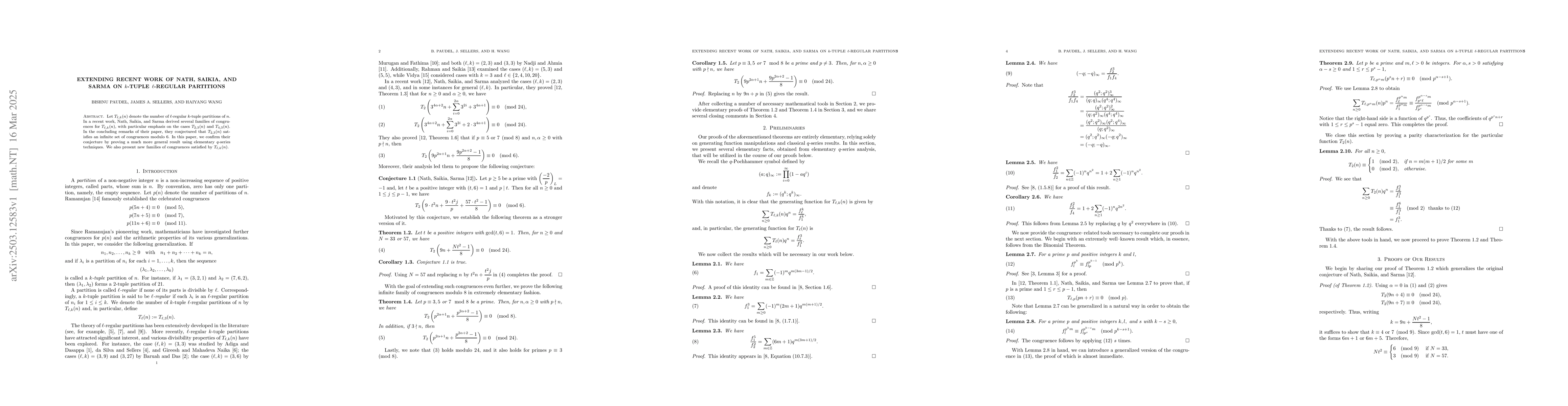 Thumbnail for Extending recent work of Nath, Saikia, and Sarma on $k$-tuple
  $\ell$-regular partitions