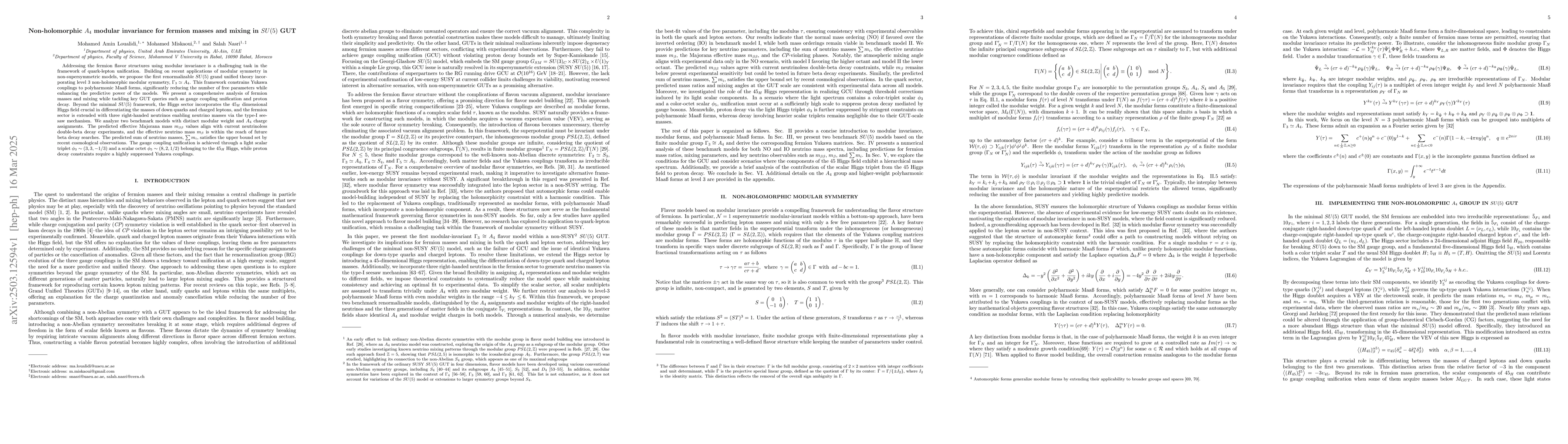 Thumbnail for Non-holomorphic $A_4$ modular invariance for fermion masses and mixing
  in SU(5) GUT