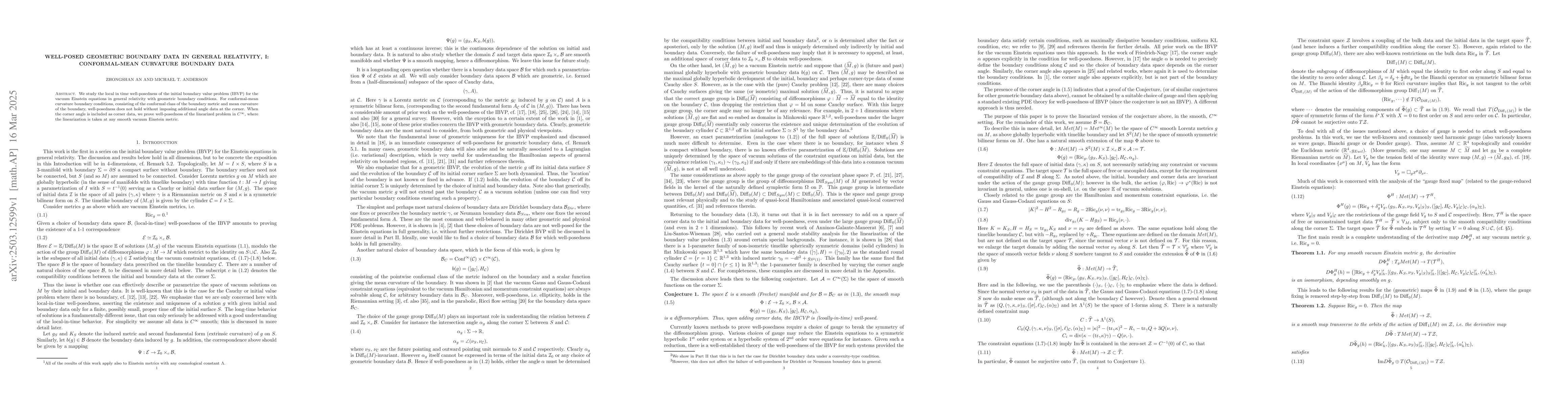 Thumbnail for Well-posed geometric boundary data in General Relativity, I:
  Conformal-mean curvature boundary data