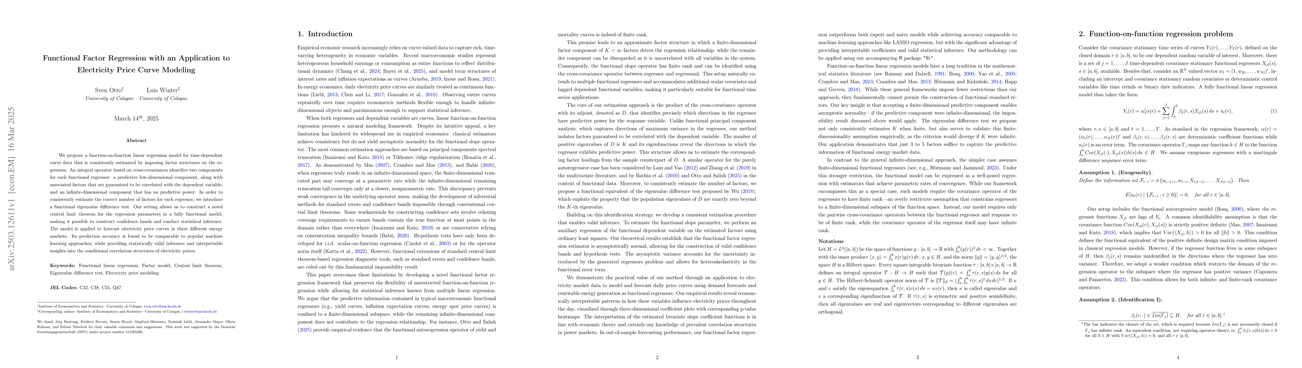 Thumbnail for Functional Factor Regression with an Application to Electricity Price
  Curve Modeling