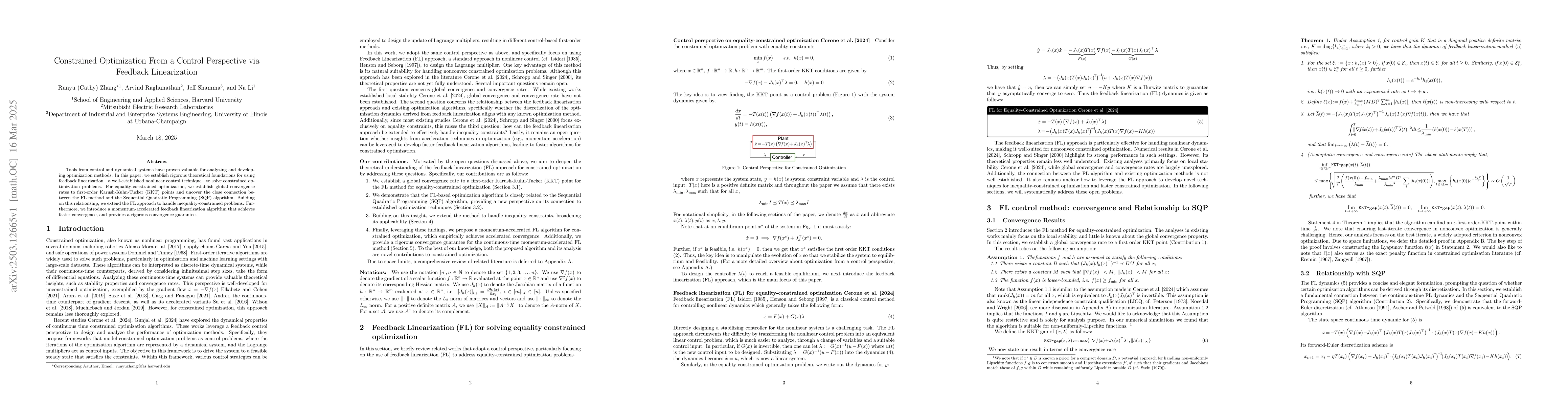 Thumbnail for Constrained Optimization From a Control Perspective via Feedback
  Linearization