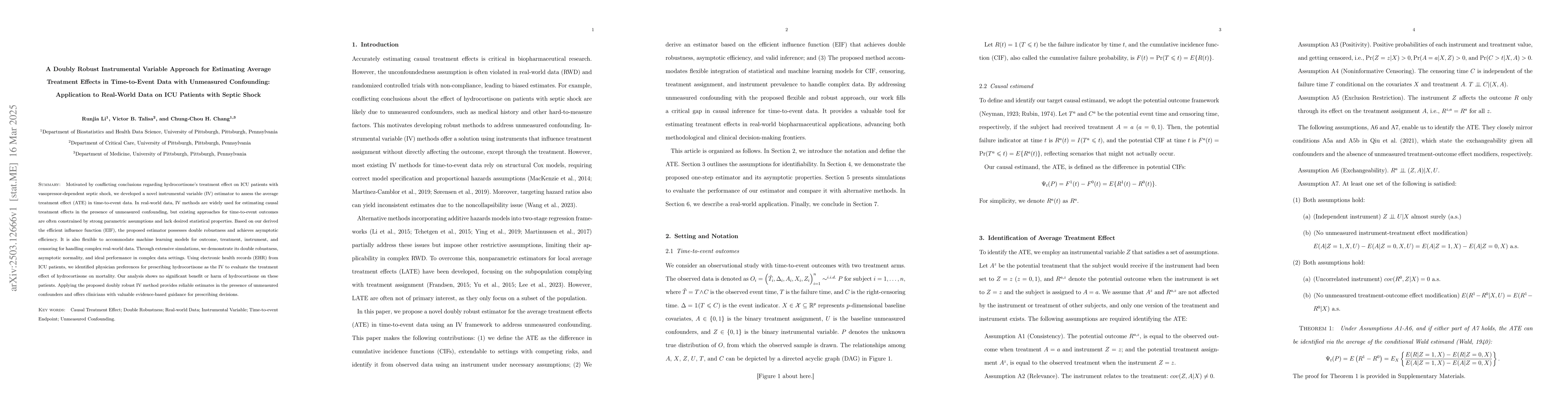 Thumbnail for A Doubly Robust Instrumental Variable Approach for Estimating Average
  Treatment Effects in Time-to-Event Data with Unmeasured Confounding:
  Application to Real-World Data on ICU Patients with Septic Shock