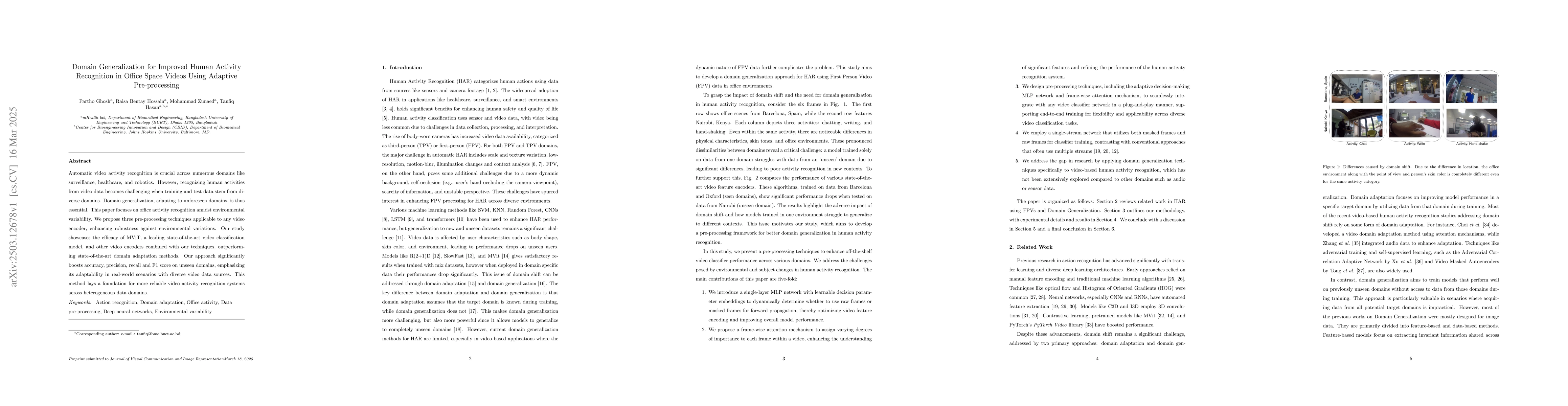 Thumbnail for Domain Generalization for Improved Human Activity Recognition in Office
  Space Videos Using Adaptive Pre-processing