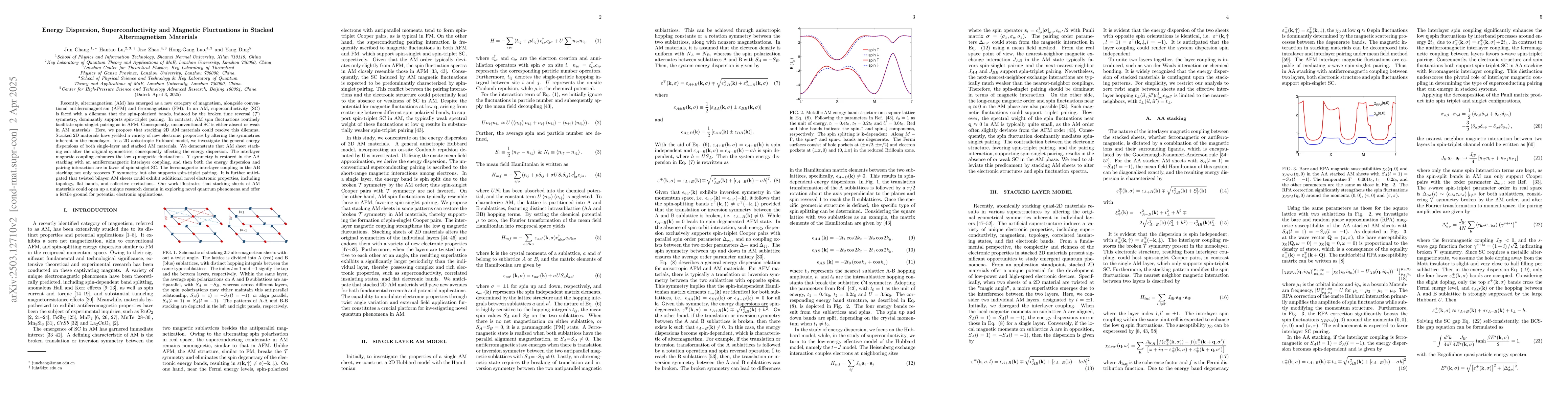Thumbnail for Energy Dispersion, Superconductivity and Magnetic Fluctuations in
  Stacked Altermagnetism Materials