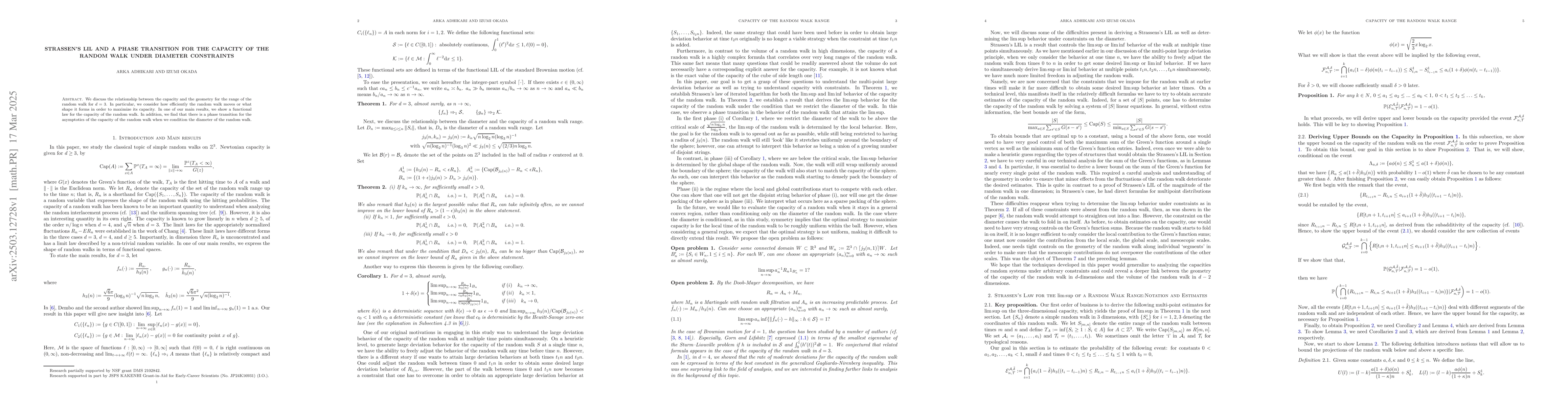 Thumbnail for Strassen's LIL and a Phase transition for the capacity of the random
  walk under diameter constraints
