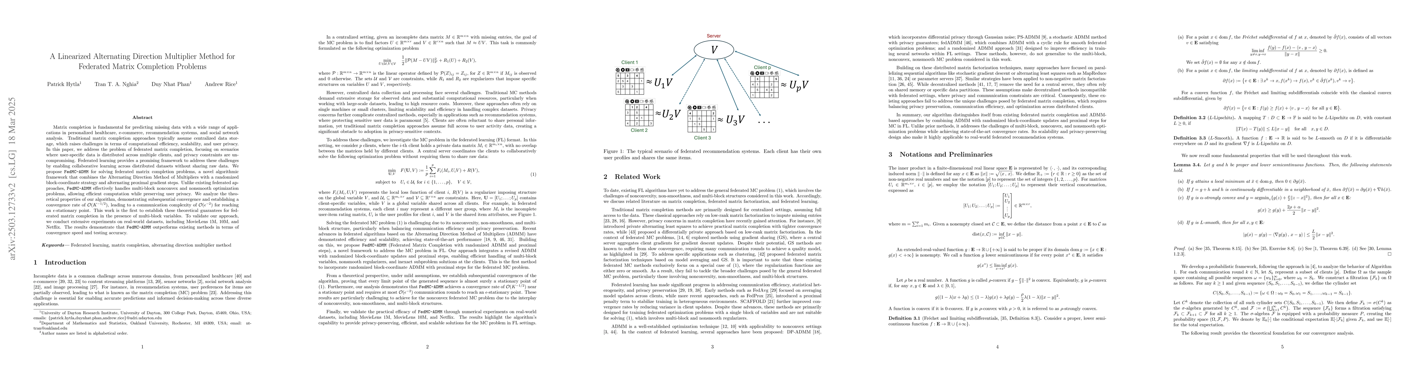 Thumbnail for A Linearized Alternating Direction Multiplier Method for Federated
  Matrix Completion Problems