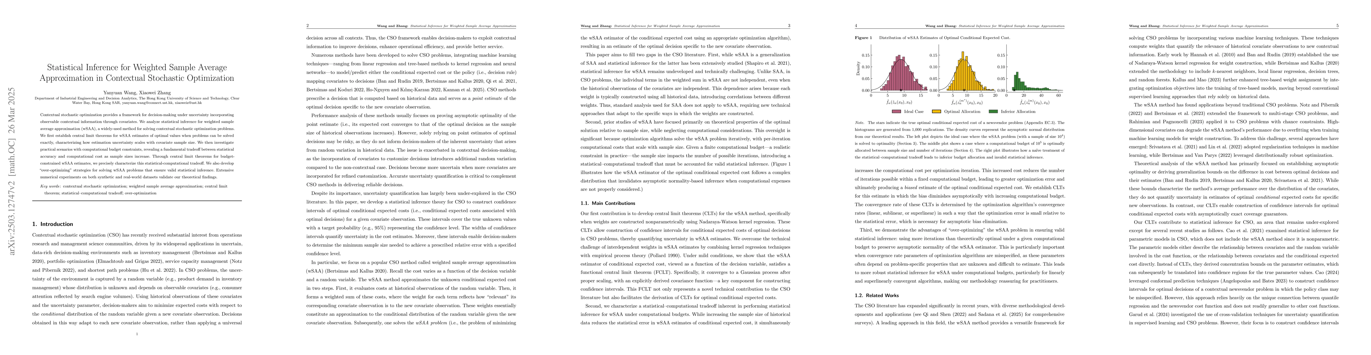 Thumbnail for Statistical Inference for Weighted Sample Average Approximation in
  Contextual Stochastic Optimization