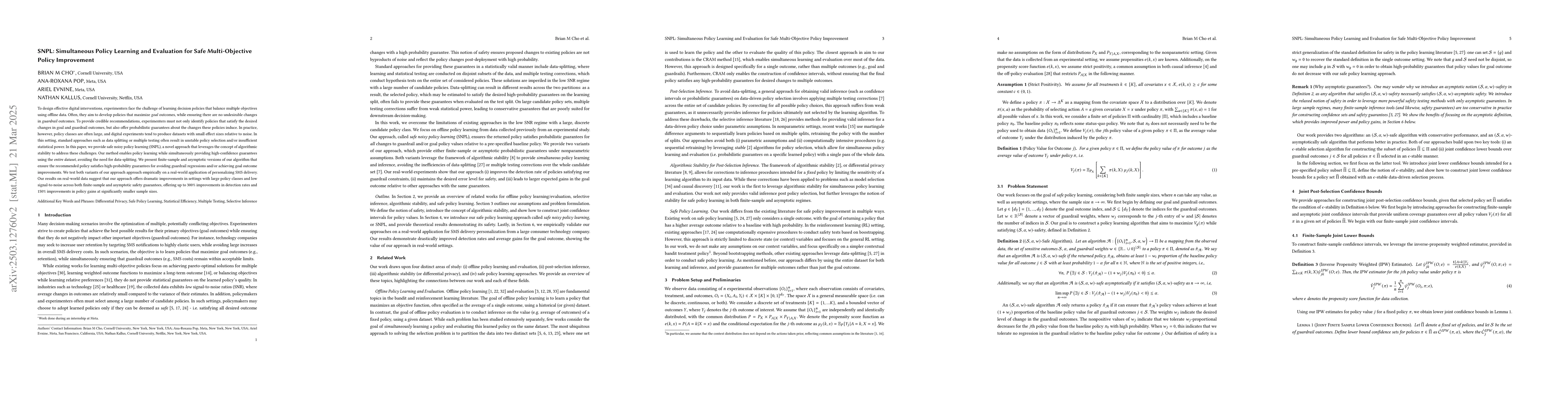 Thumbnail for SNPL: Simultaneous Policy Learning and Evaluation for Safe
  Multi-Objective Policy Improvement