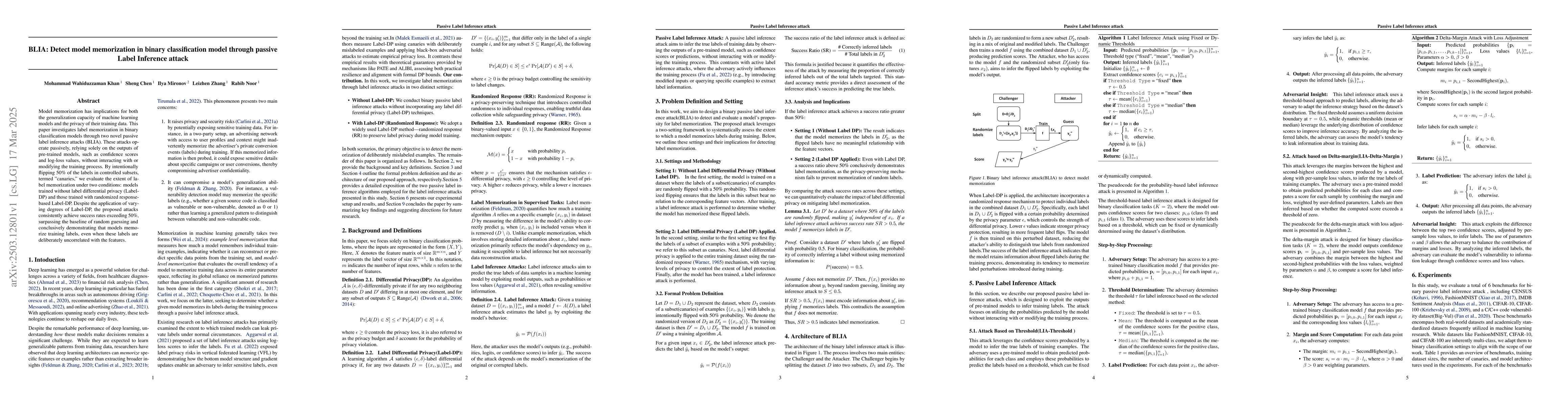 Thumbnail for BLIA: Detect model memorization in binary classification model through
  passive Label Inference attack