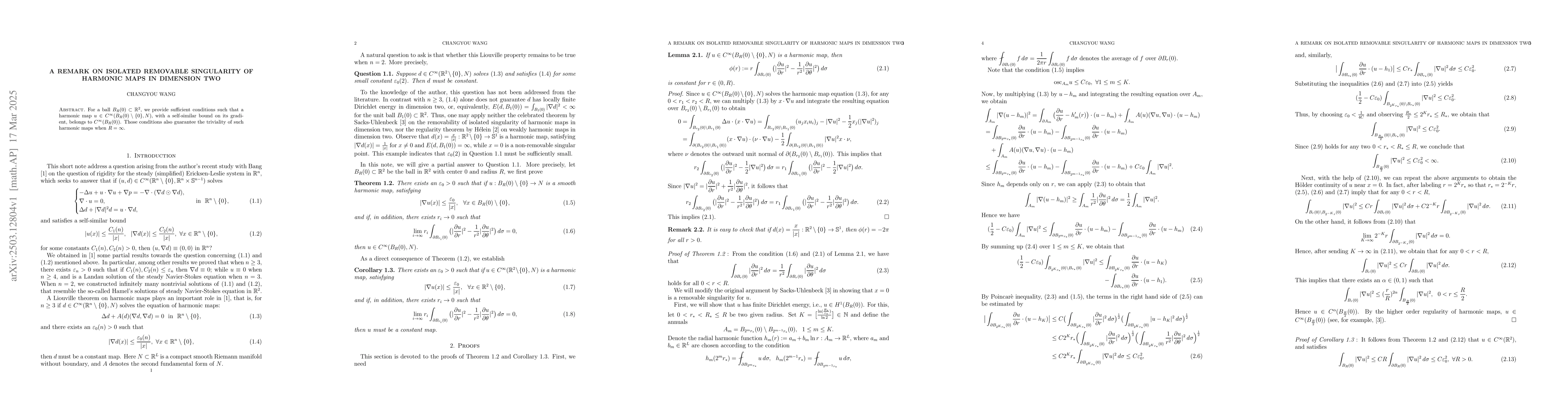 Thumbnail for A remark on isolated removable singularity of harmonic maps in dimension
  two
