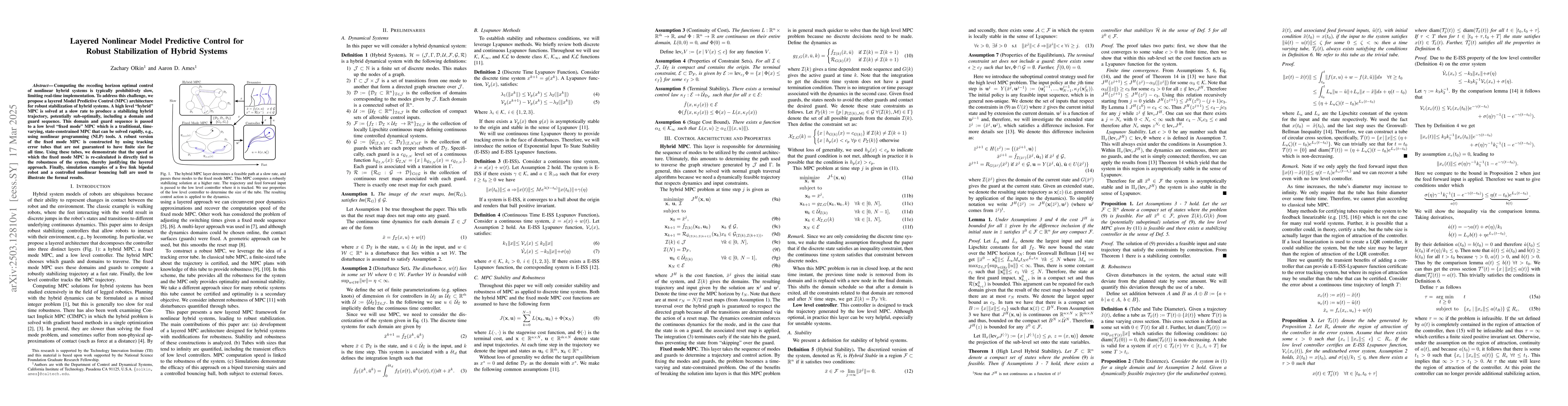 Thumbnail for Layered Nonlinear Model Predictive Control for Robust Stabilization of
  Hybrid Systems