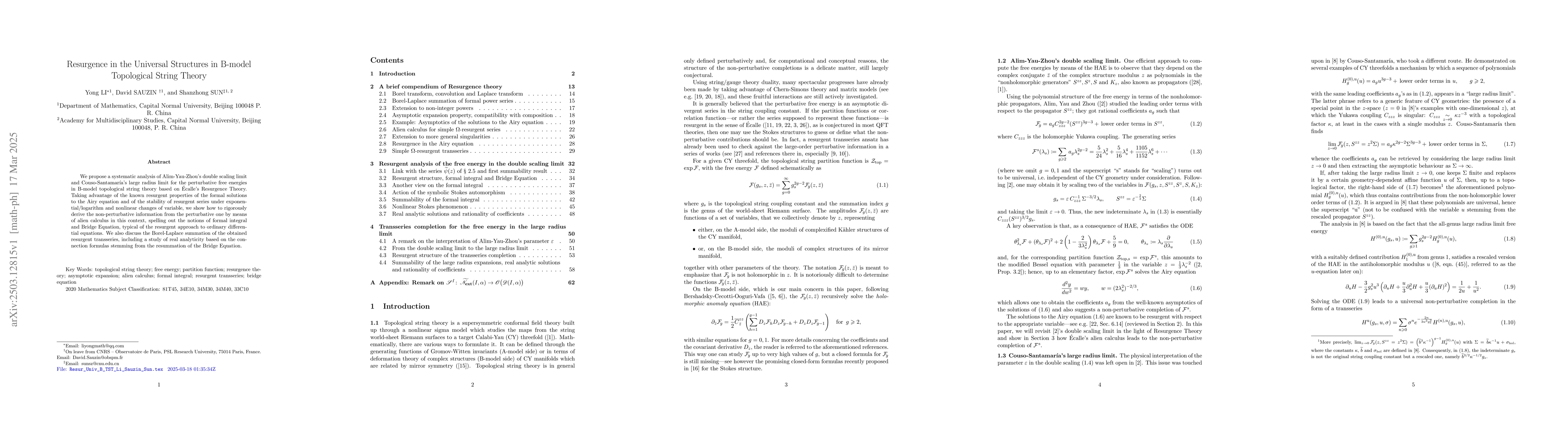 Thumbnail for Resurgence in the Universal Structures in B-model Topological String
  Theory