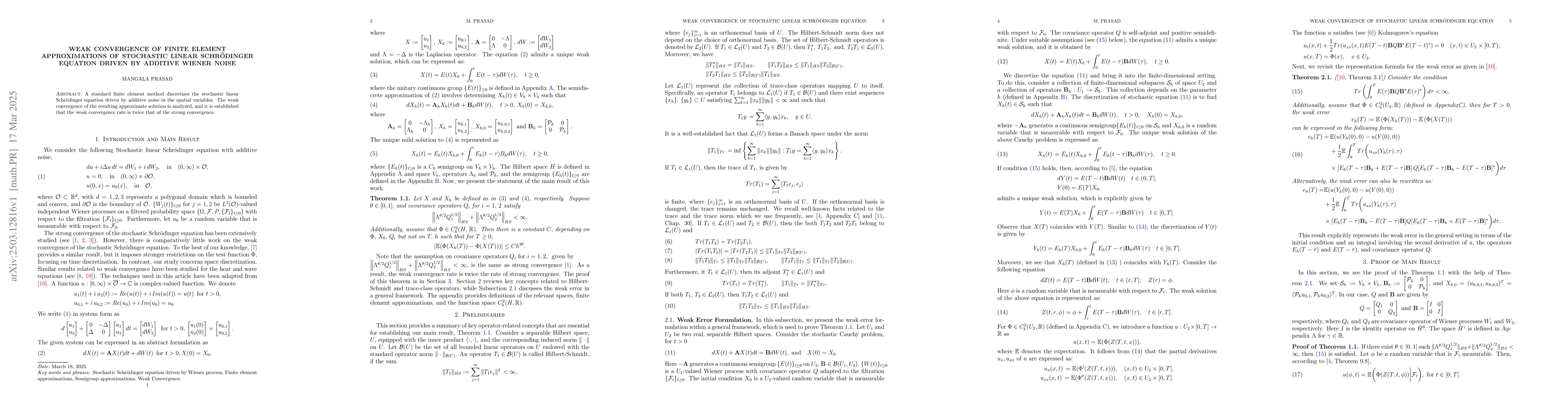 Thumbnail for Weak Convergence of Finite Element Approximations of Stochastic Linear
  Schrödinger equation driven by additive Wiener noise