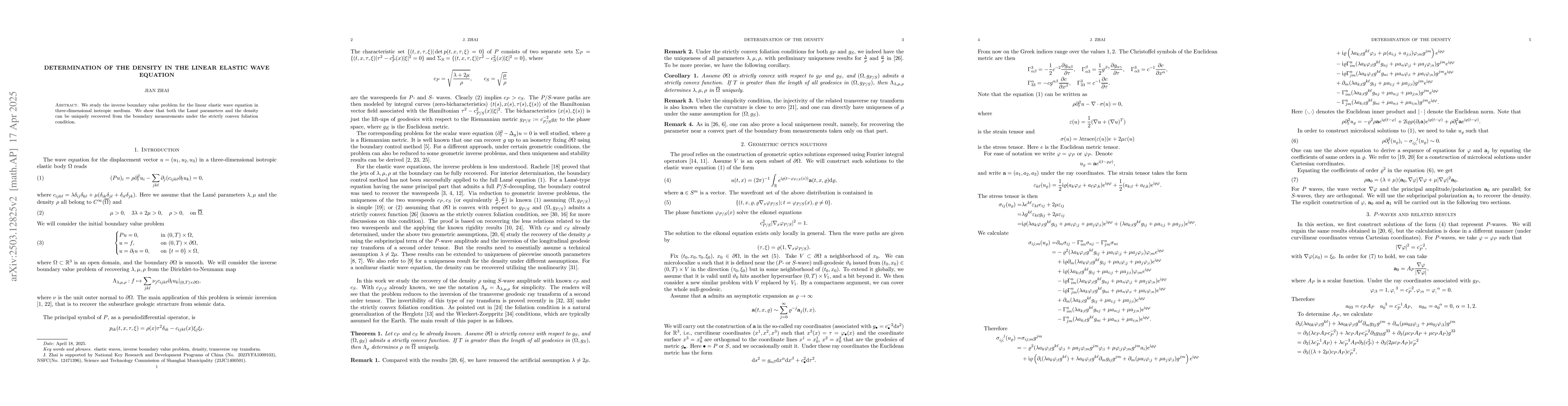 Thumbnail for Determination of the density in the linear elastic wave equation