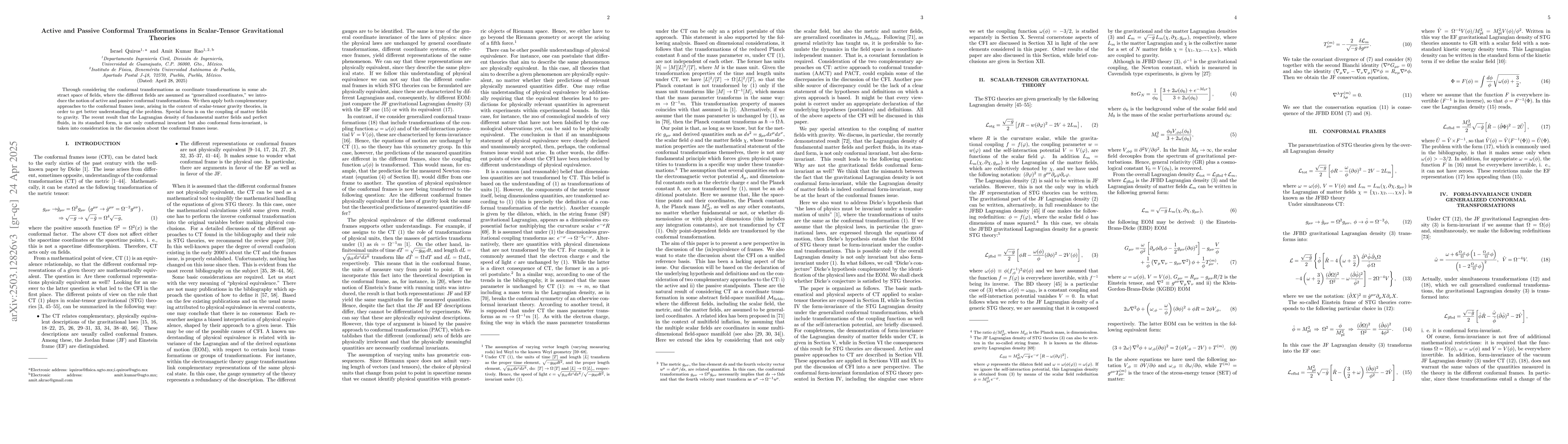 Thumbnail for Active and Passive Conformal Transformations in Scalar-Tensor
  Gravitational Theories