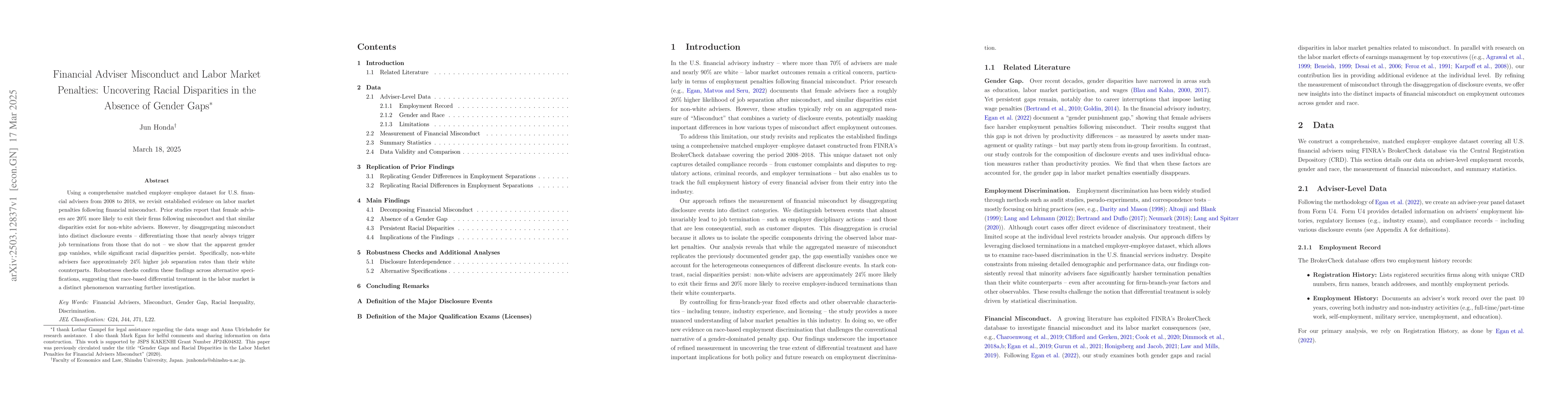 Thumbnail for Financial Adviser Misconduct and Labor Market Penalties: Uncovering
  Racial Disparities in the Absence of Gender Gaps
