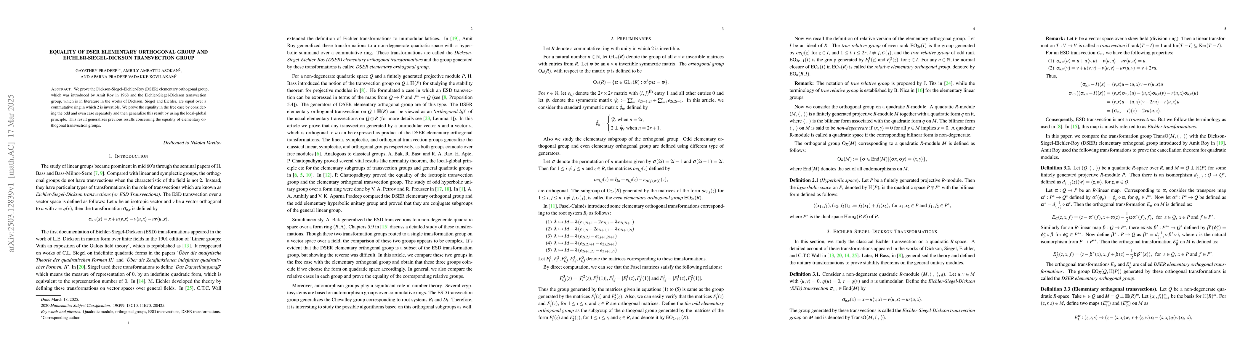 Thumbnail for Equality of DSER elementary orthogonal group and Eichler-Siegel-Dickson
  transvection group