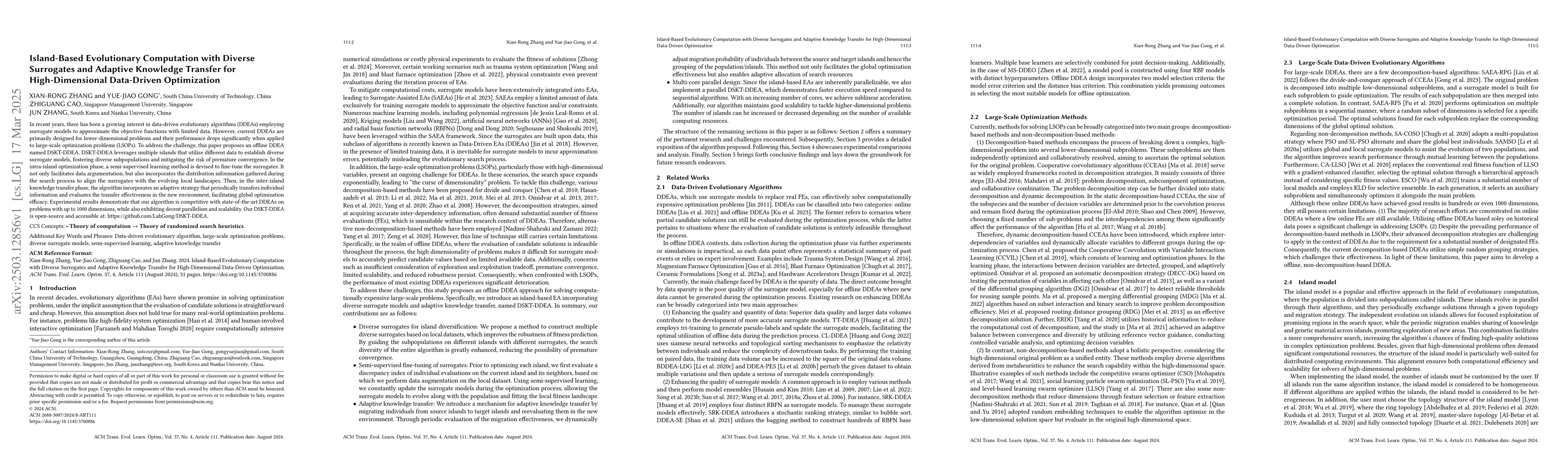 Thumbnail for Island-Based Evolutionary Computation with Diverse Surrogates and
  Adaptive Knowledge Transfer for High-Dimensional Data-Driven Optimization