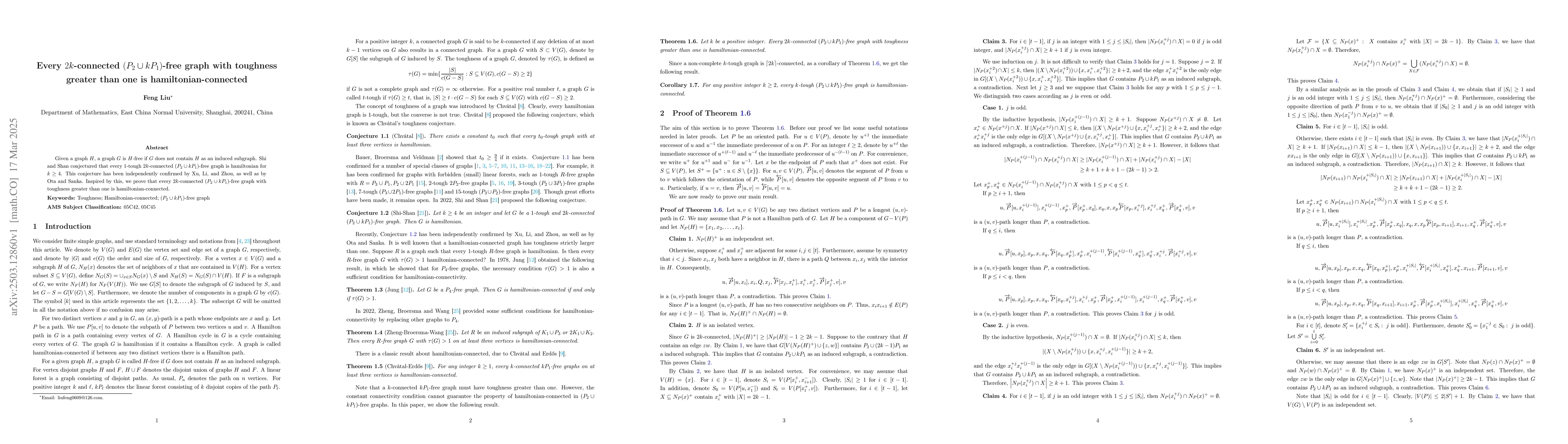 Thumbnail for Every $2k$-connected $(P_2\cup kP_1)$-free graph with toughness greater
  than one is hamiltonian-connected