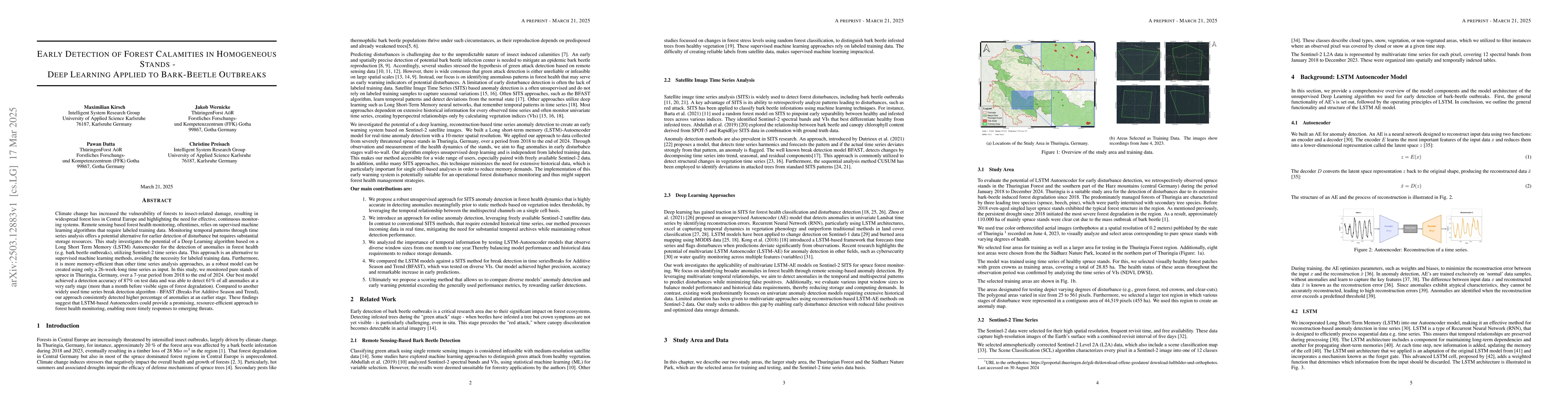 Thumbnail for Early Detection of Forest Calamities in Homogeneous Stands -- Deep
  Learning Applied to Bark-Beetle Outbreaks