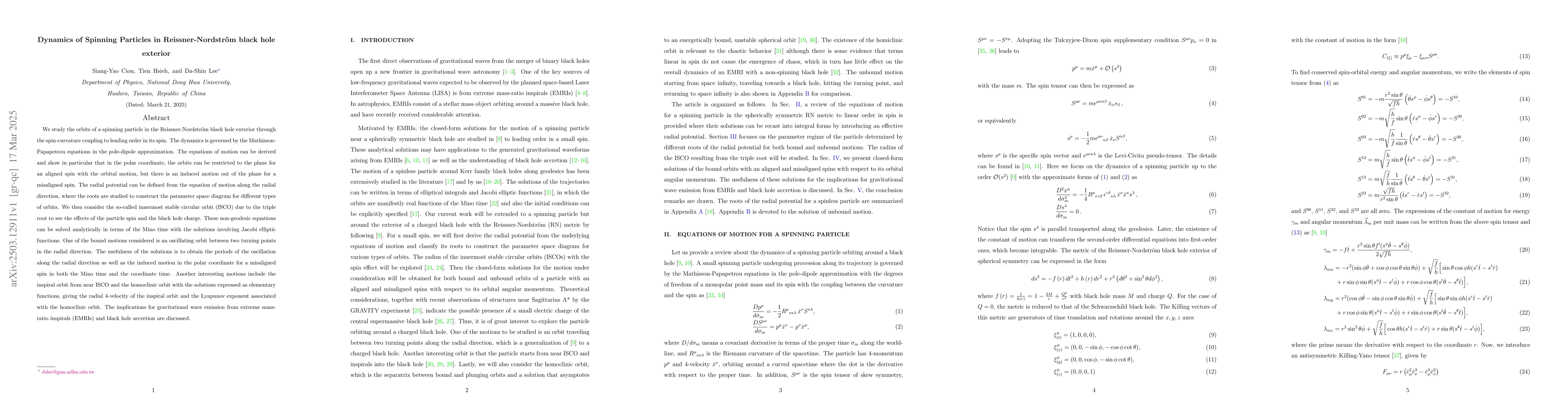 Thumbnail for Dynamics of Spinning Particles in Reissner-Nordström black hole
  exterior