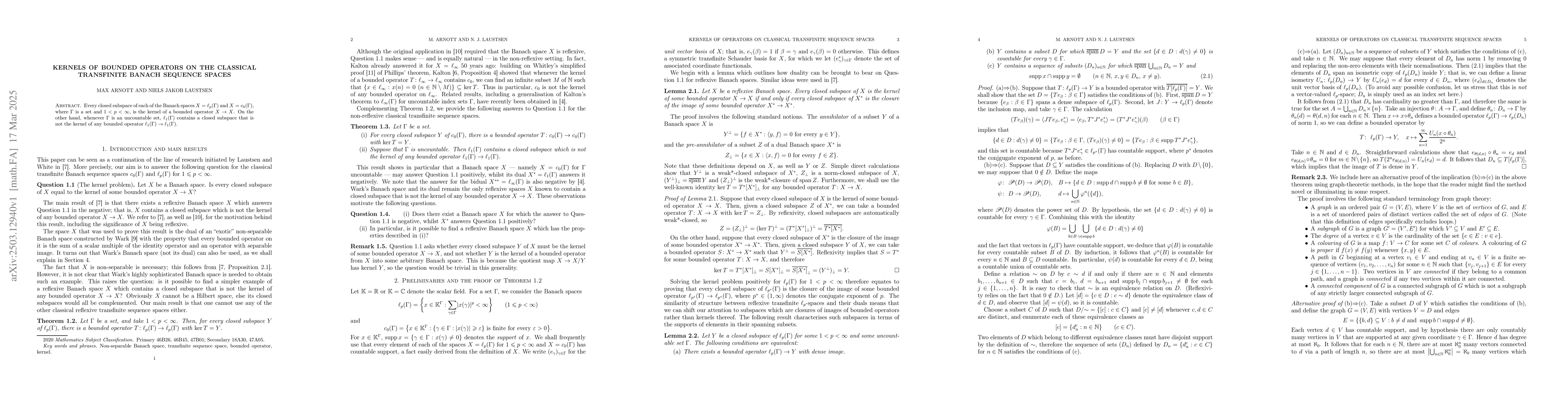Thumbnail for Kernels of Bounded Operators on the Classical Transfinite Banach
  Sequence Spaces