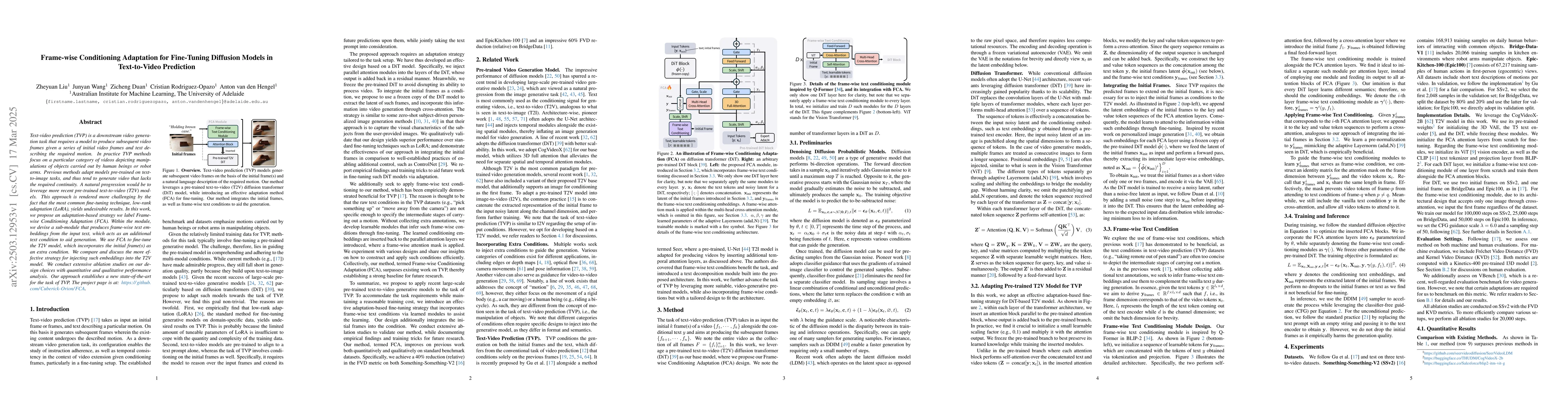 Thumbnail for Frame-wise Conditioning Adaptation for Fine-Tuning Diffusion Models in
  Text-to-Video Prediction