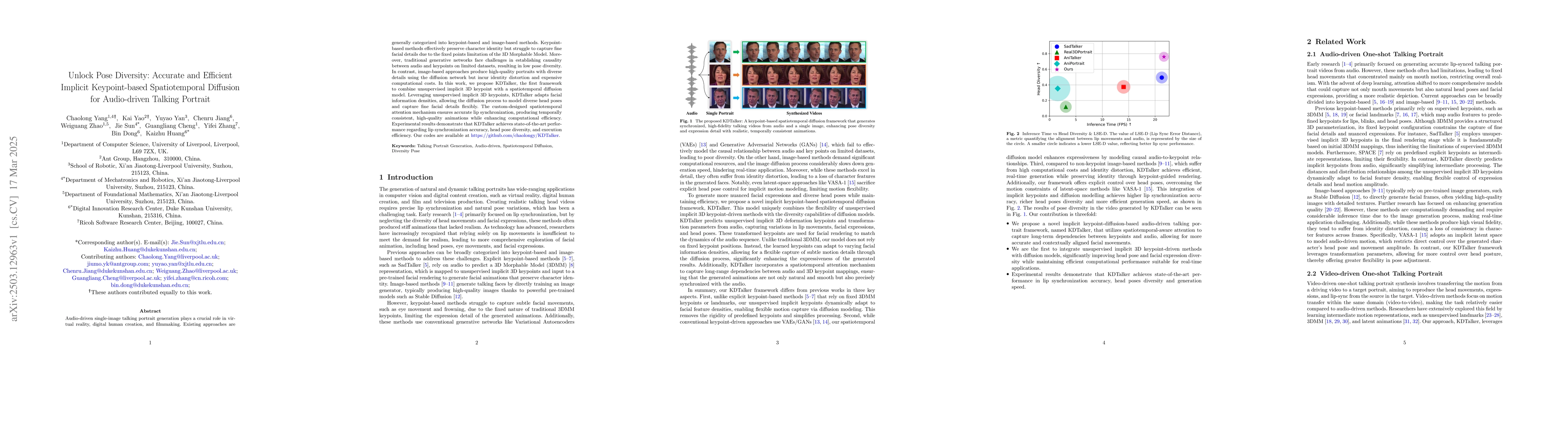 Thumbnail for Unlock Pose Diversity: Accurate and Efficient Implicit Keypoint-based
  Spatiotemporal Diffusion for Audio-driven Talking Portrait