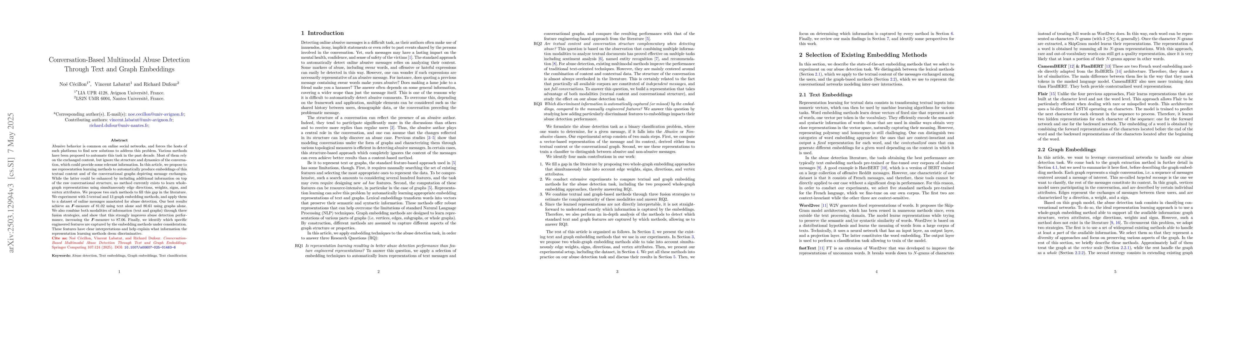 Thumbnail for Conversation-Based Multimodal Abuse Detection Through Text and Graph
  Embeddings