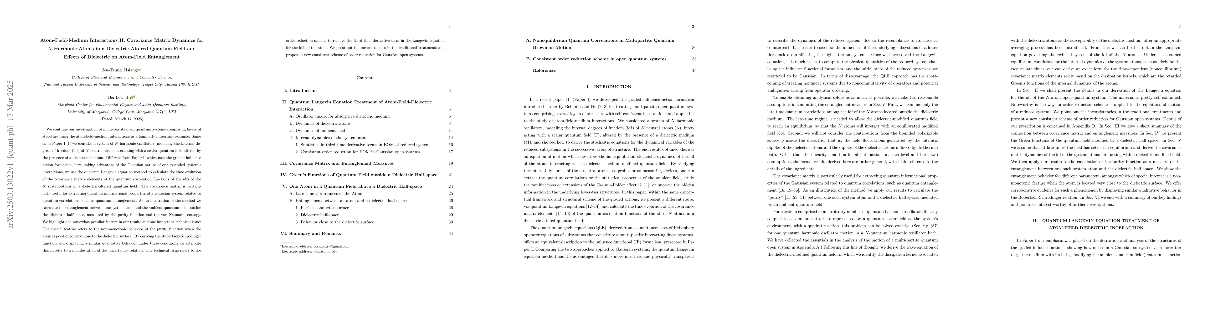 Thumbnail for Atom-Field-Medium Interactions II: Covariance Matrix Dynamics for $N$
  Harmonic Atoms in a Dielectric-Altered Quantum Field and Effects of
  Dielectric on Atom-Field Entanglement