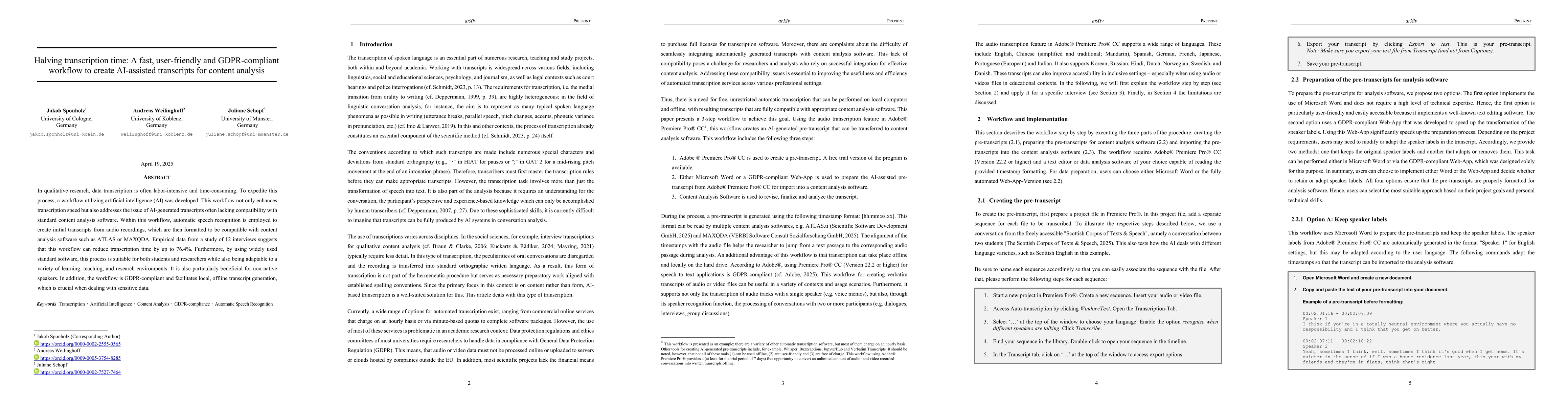 Thumbnail for Halving transcription time: A fast, user-friendly and GDPR-compliant
  workflow to create AI-assisted transcripts for content analysis