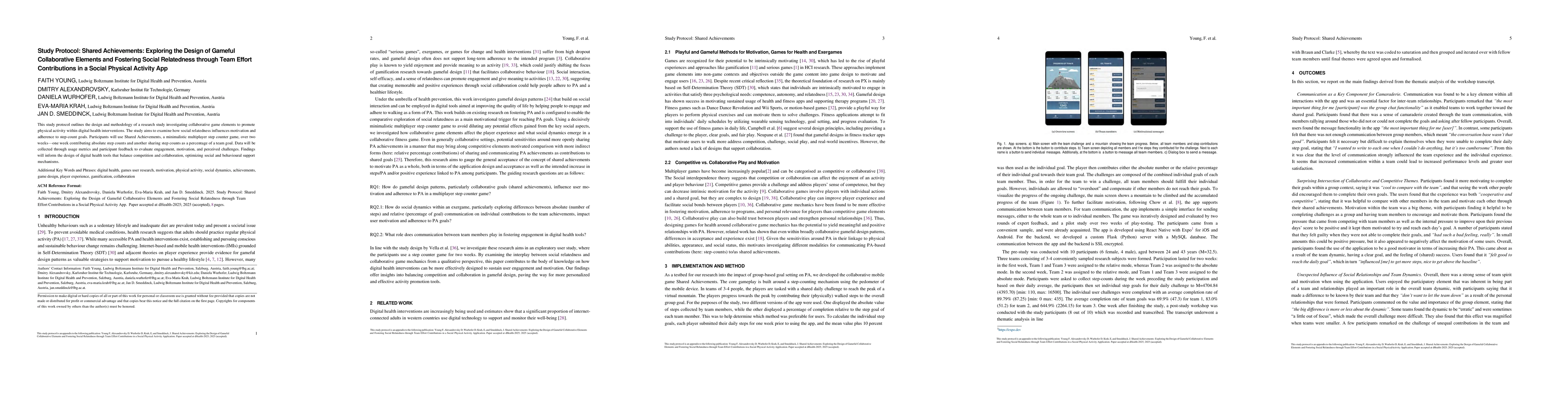 Thumbnail for Study Protocol: Shared Achievements: Exploring the Design of Gameful
  Collaborative Elements and Fostering Social Relatedness through Team Effort
  Contributions in a Social Physical Activity App