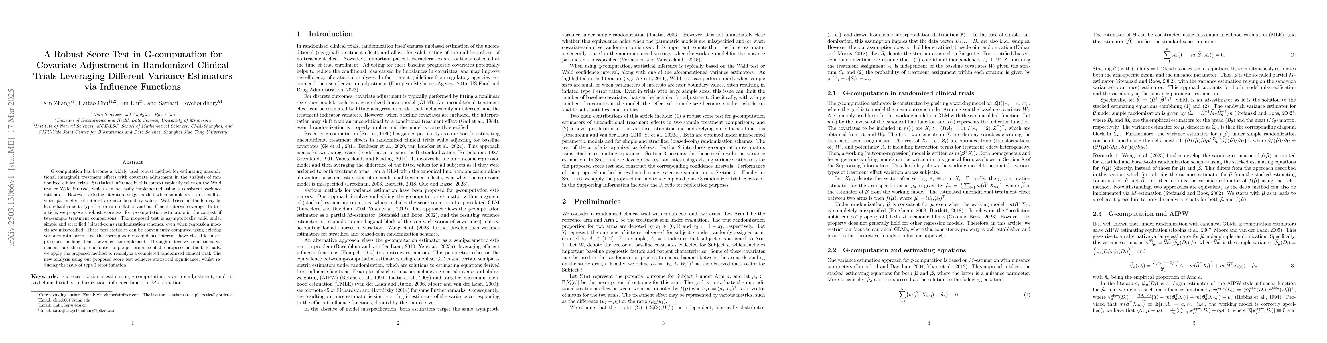 Thumbnail for A robust score test in g-computation for covariate adjustment in
  randomized clinical trials leveraging different variance estimators via
  influence functions