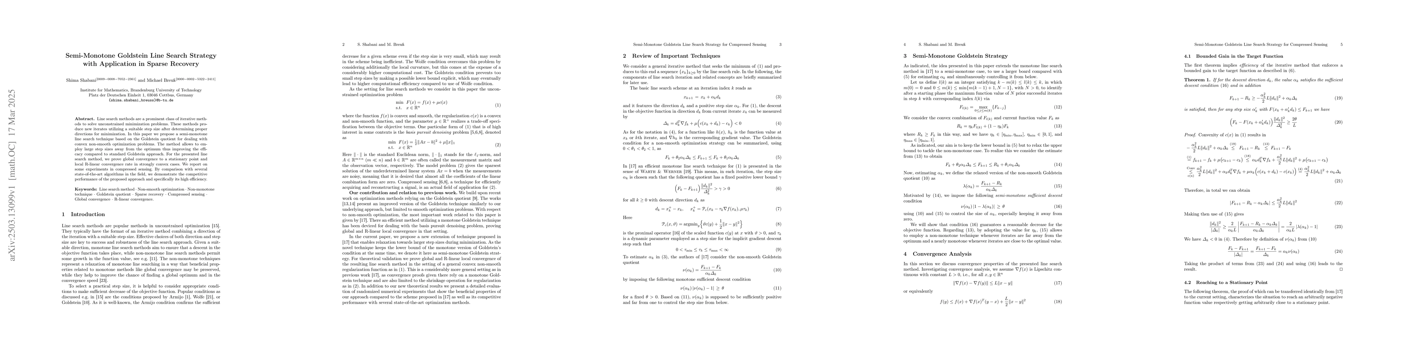Thumbnail for Semi-Monotone Goldstein Line Search Strategy with Application in Sparse
  Recovery