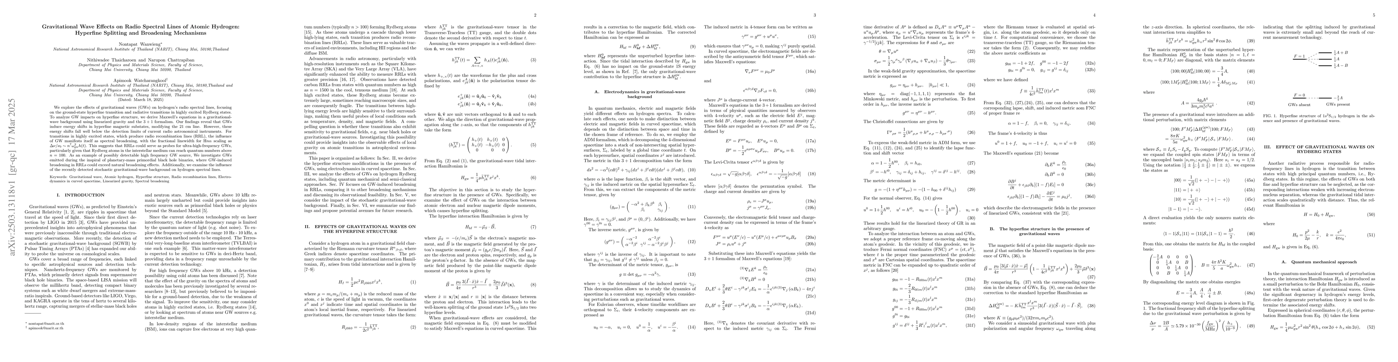 Thumbnail for Gravitational Wave Effects on Radio Spectral Lines of Atomic Hydrogen:
  Hyperfine Splitting and Broadening Mechanisms
