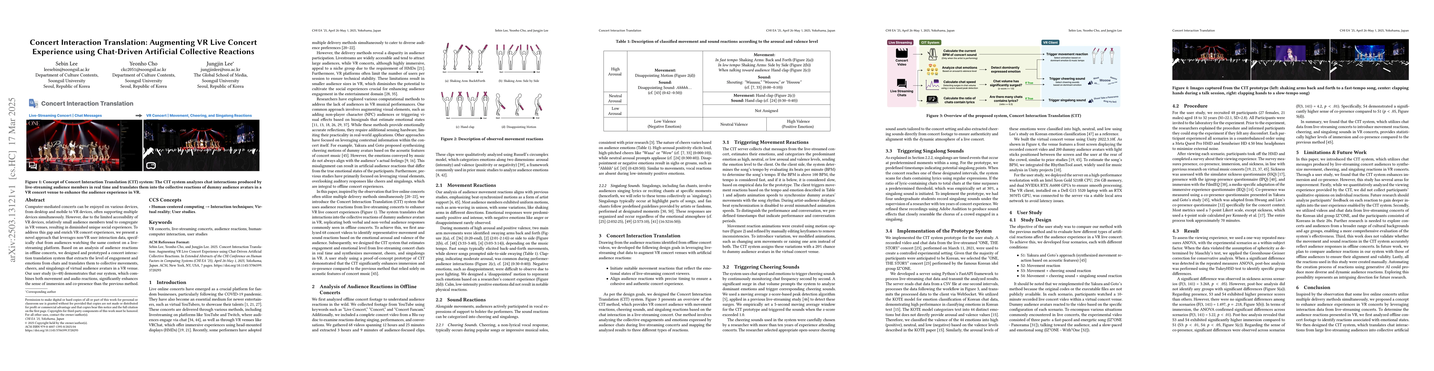Thumbnail for Concert Interaction Translation: Augmenting VR Live Concert Experience
  using Chat-Driven Artificial Collective Reactions