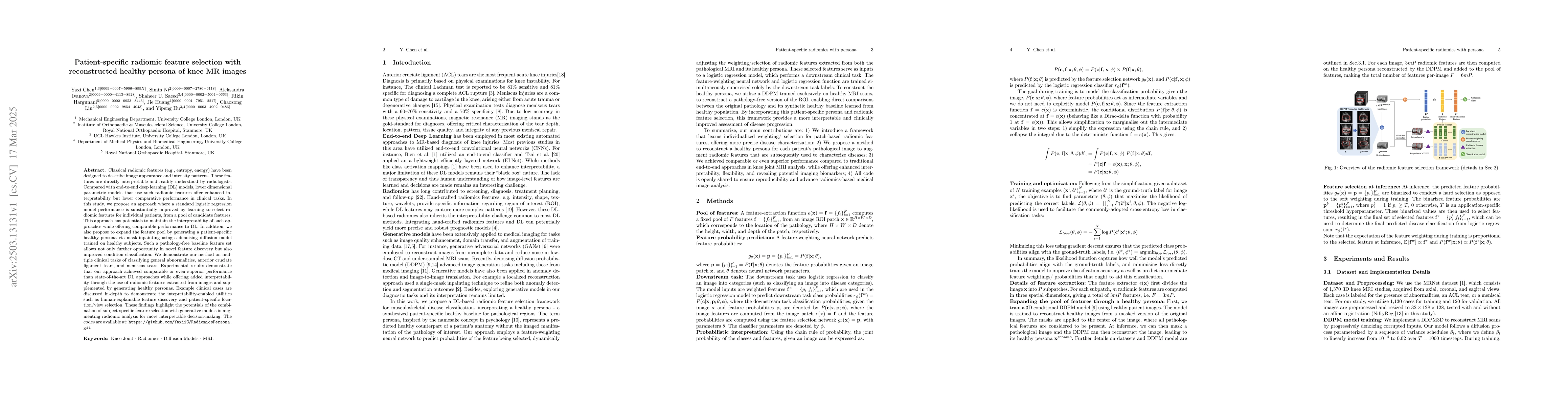 Thumbnail for Patient-specific radiomic feature selection with reconstructed healthy
  persona of knee MR images