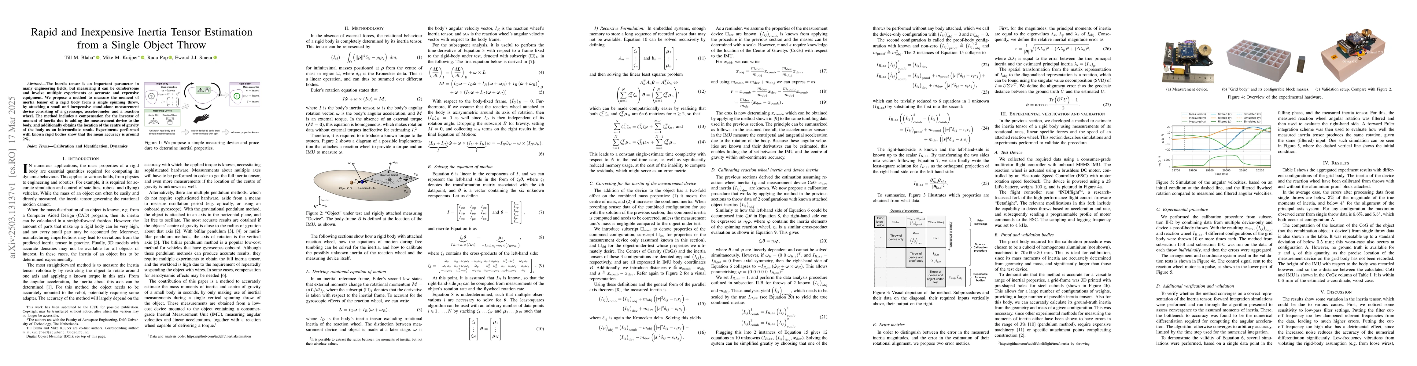 Thumbnail for Rapid and Inexpensive Inertia Tensor Estimation from a Single Object
  Throw
