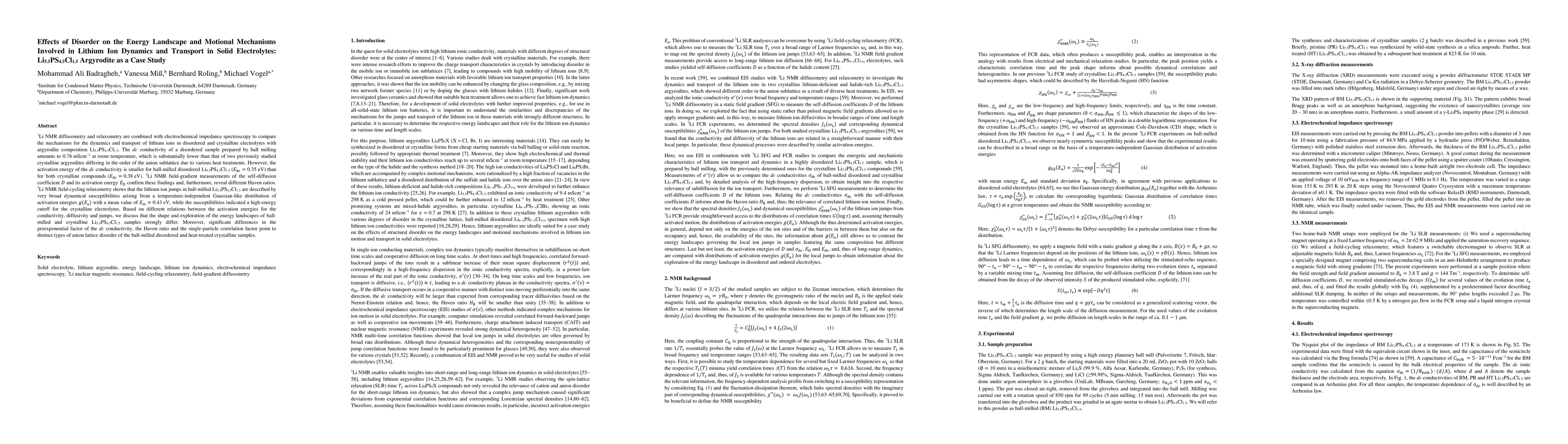 Thumbnail for Effects of Disorder on the Energy Landscape and Motional Mechanisms
  Involved in Lithium Ion Dynamics and Transport in Solid Electrolytes:
  Li5.5PS4.5Cl1.5 Argyrodite as a Case Study