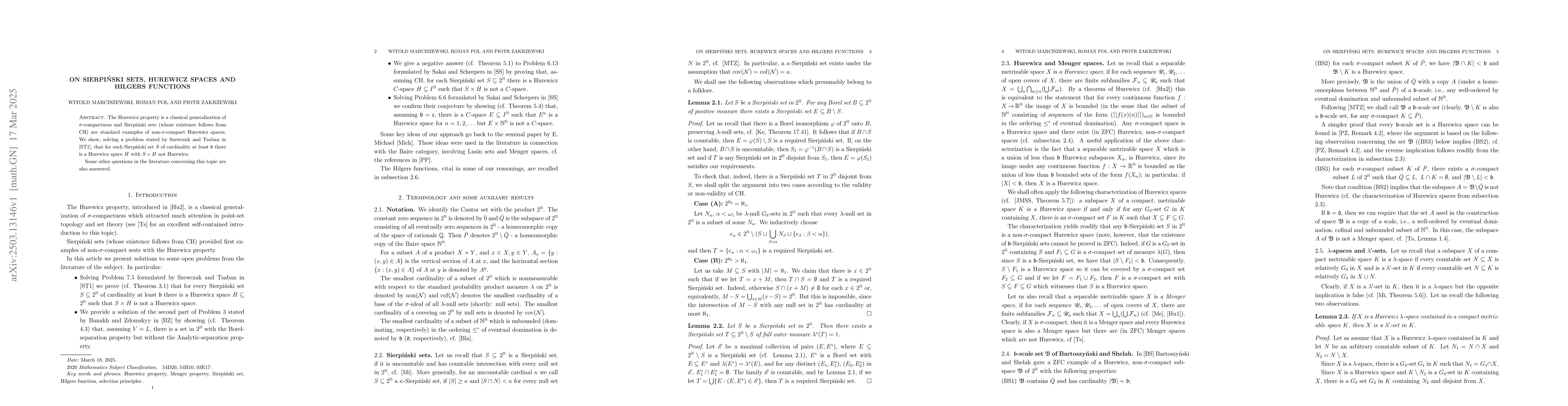 Thumbnail for On Sierpiński sets, Hurewicz spaces and Hilgers functions