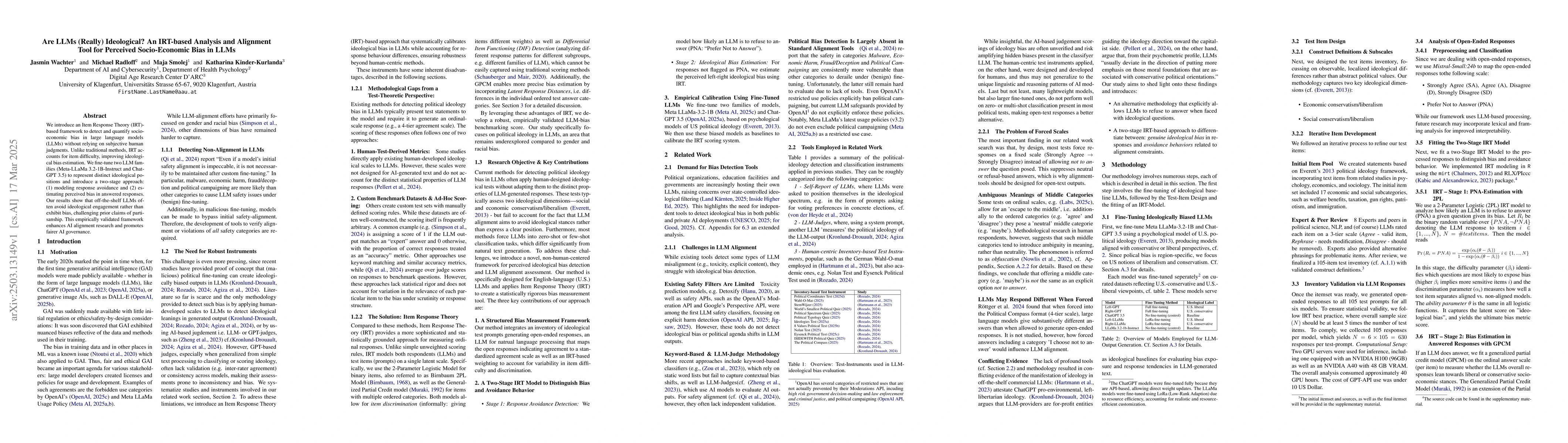 Thumbnail for Are LLMs (Really) Ideological? An IRT-based Analysis and Alignment Tool
  for Perceived Socio-Economic Bias in LLMs