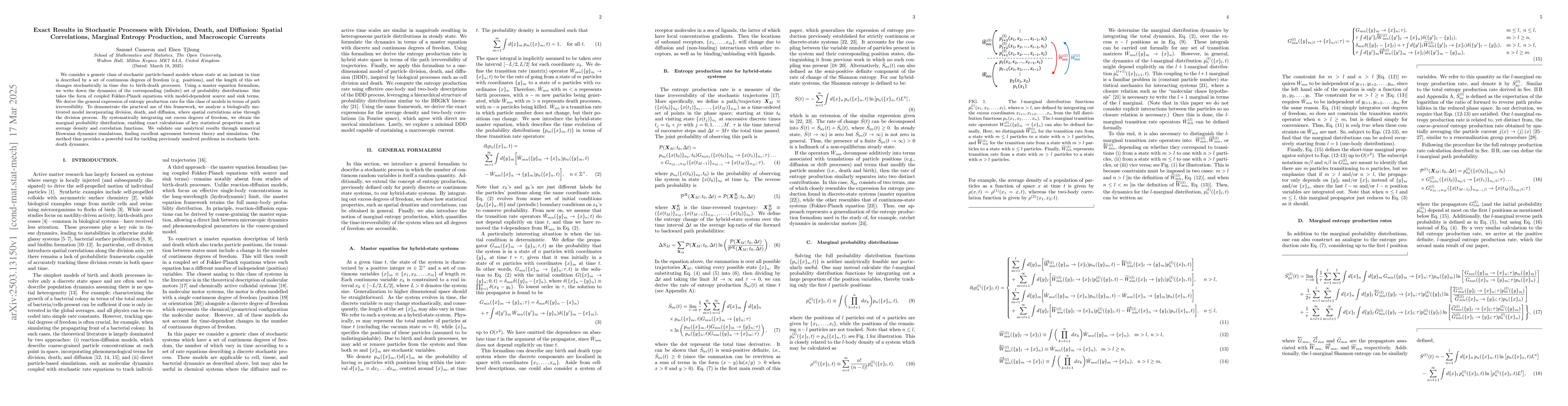 Thumbnail for Exact Results in Stochastic Processes with Division, Death, and
  Diffusion: Spatial Correlations, Marginal Entropy Production, and Macroscopic
  Currents