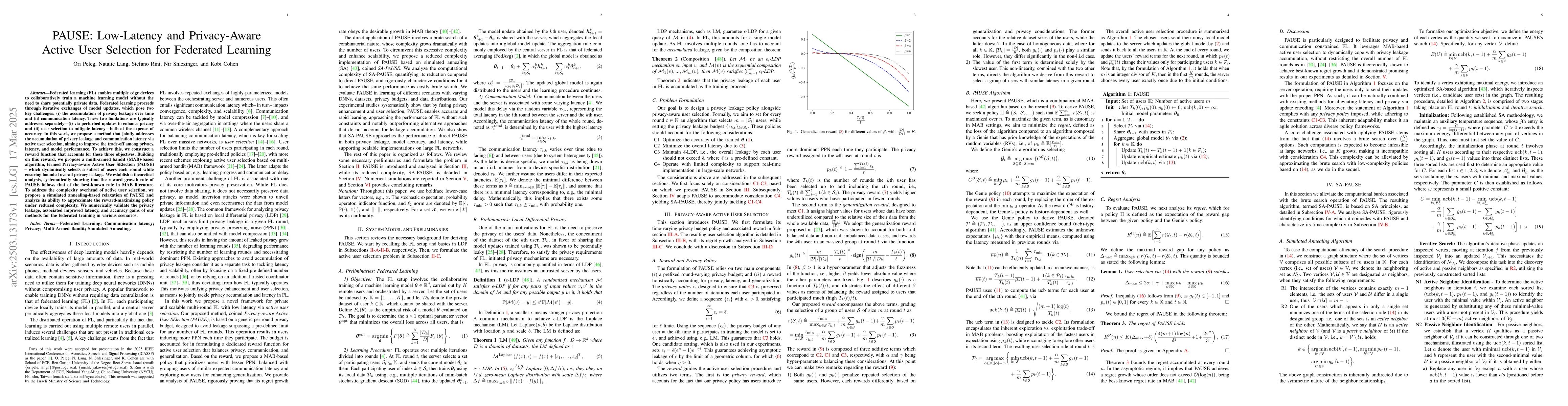 Thumbnail for PAUSE: Low-Latency and Privacy-Aware Active User Selection for Federated
  Learning