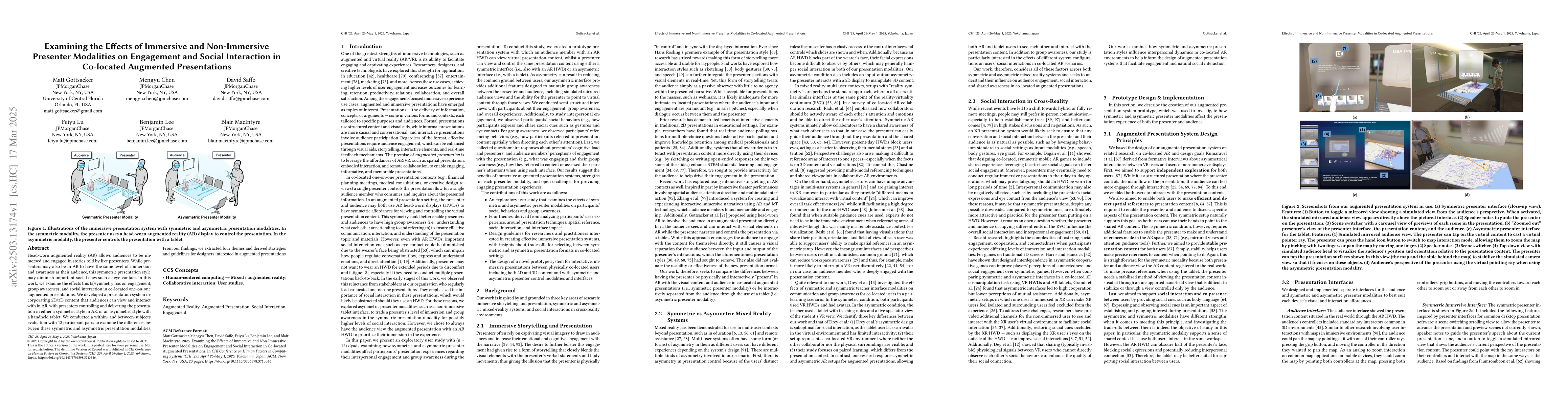 Thumbnail for Examining the Effects of Immersive and Non-Immersive Presenter
  Modalities on Engagement and Social Interaction in Co-located Augmented
  Presentations