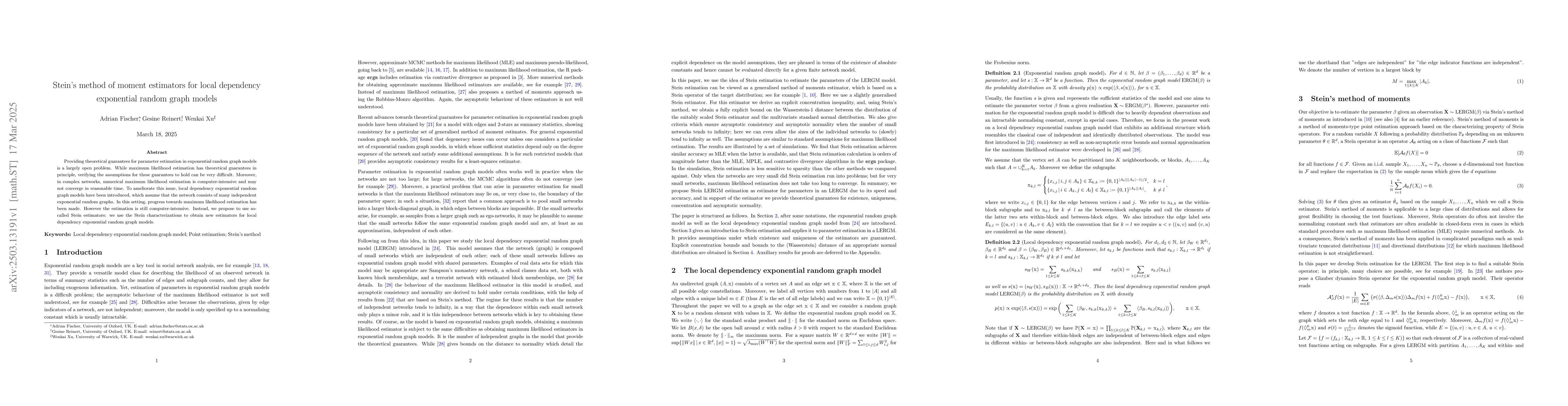Thumbnail for Stein's method of moment estimators for local dependency exponential
  random graph models