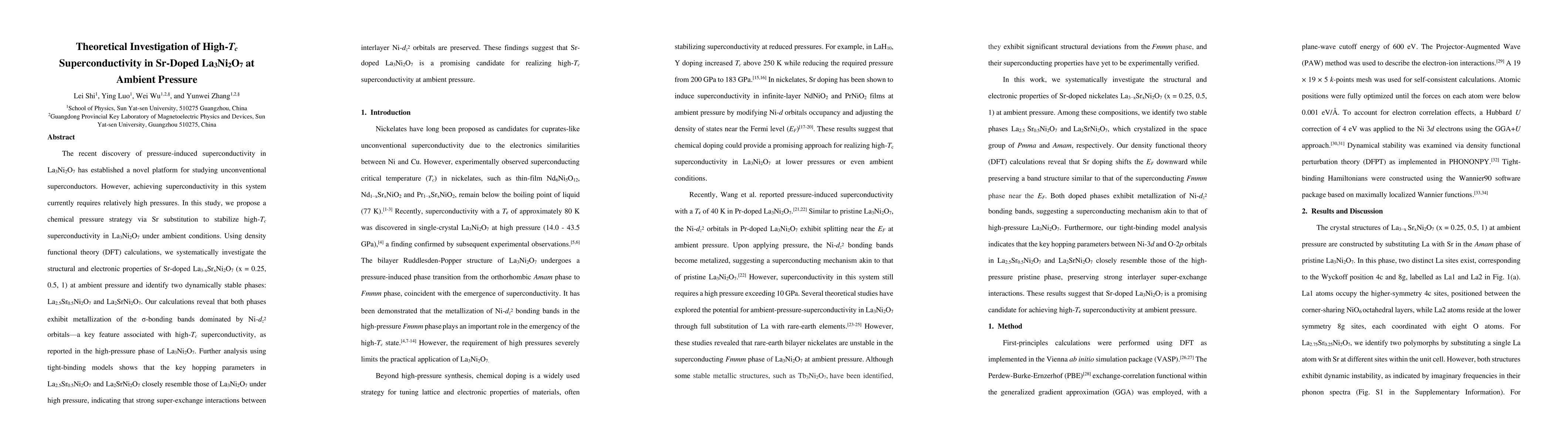 Thumbnail for Theoretical Investigation of High-Tc Superconductivity in Sr-Doped
  La$_3$Ni$_2$O$_7$ at Ambient Pressure