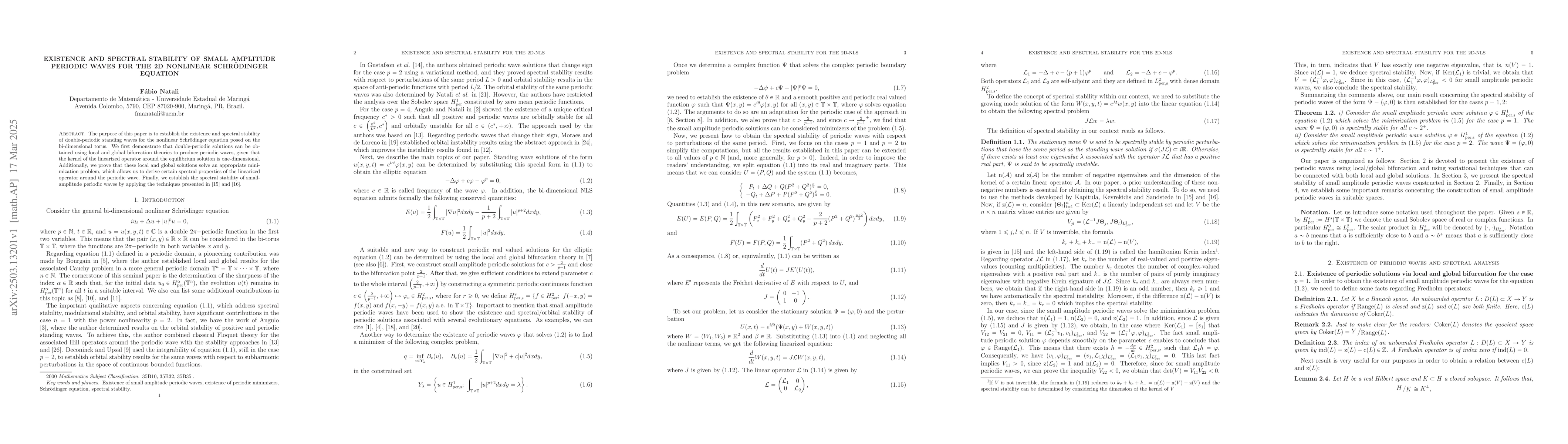 Thumbnail for Existence and spectral stability of small amplitude periodic waves for
  the 2D nonlinear Schrodinger equation