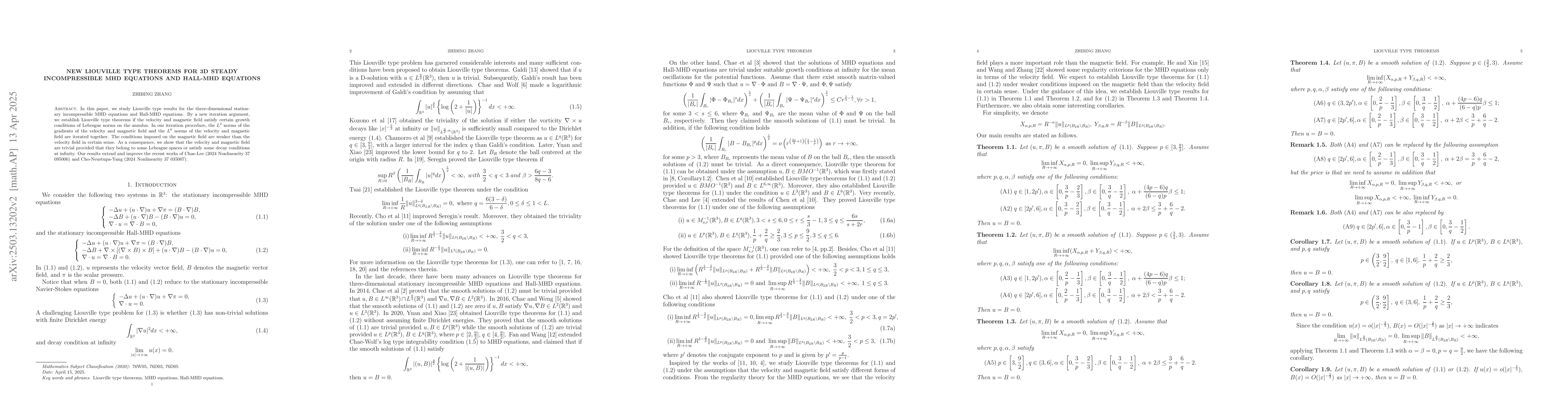 Thumbnail for New Liouville type theorems for 3D steady incompressible MHD equations
  and Hall-MHD equations